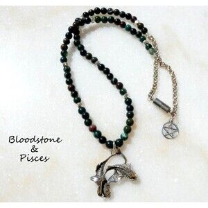 Sterling Silver Pisces Fish Bloodstone Beaded Pendant Necklace Pentagram